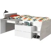 GuenstigEinrichten Bett 90x200 cm mit integriertem Schreibtisch, CODY Weiß und Grau
