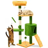 VOUNOT Kratzbaum 112cm, Mehrstöckiger Katzenbaum mit Kratzsäulen Höhle, Grün-orange