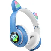 Avizar , Bluetooth Kinderkopfhörer mit leuchtenden RGB Katzenohren, Weiß / Blau