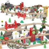AIYAPLAY 100 Stücke Holzeisenbahn-Set Buchenholz Kunststoff Naturholz