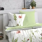 Dormisette Mako-Satin Bettwäsche Sommerwiese 135x200 cm + 80x80 cm - grün;weiß
