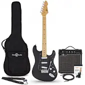 Gear4Music LA Select E-Gitarre Schwarz im Bundle mit 15-Watt-Gitarrenverstärker und Zubehör