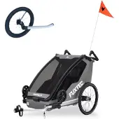 FUXTEC Fahrradanhänger/Jogger FX-FA1-SET-GRAU - inklusive Jogger-Rad | Buggyfunktion | Faltbar | 5-Punkt-Gurtsystem | Insektennetz