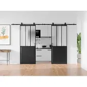 Vente-unique Industrielle Doppelschiebetür mit Aufsatzschiene - Schwarz und mattiertes gehärtetes Glas - 2 x H 205 x B 73 cm - ARTISTO II