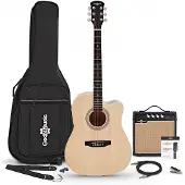 Gear4Music Dreadnought-Cutaway-Elektroakustikgitarre Natur mit 15-Watt-Verstärker und Zubehörset