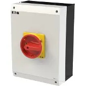 Eaton 207373 Hauptschalter, P3, 100 A, Aufbau, 3-polig, NOT-AUS-Funktion, mit rotem Drehgriff und gelbem Sperrkranz, abschließbar in 0-Stellung