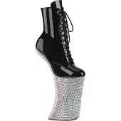 Pleaser FORBIDDEN-1020BEJ absatzlose Plateaustiefeletten schwarz Lack silber AB Strass