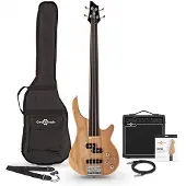 Gear4Music Chicago Fretless-Bassgitarre Natural im Paket mit 15-Watt-Verstärker von