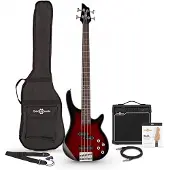 Gear4Music Chicago-E-Bass Trans Red Burst mit 15-Watt-Verstärker