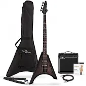 Gear4Music Harlem V-Bassgitarre Black im Paket mit 15-Watt-Verstärker