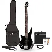 Gear4Music Chicago Linkshänder-Bassgitarre von Schwarz im Paket mit 15-Watt-Verstärker
