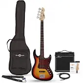 Gear4Music LA II-Bassgitarre Sunburst im Paket mit Tweed-15-Watt-Verstärker
