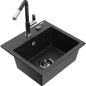 Mexen Milo 1-Becken-Granitspüle mit Mischbatterie Flora, Schwarz/Silbermetallic - 6505-73-670401-07-B