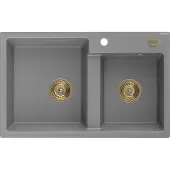 Mexen Tomas 2-Becken-Granit-Spülbecken 800 x 500 mm, Grau, Siphon Gold - 6516802000-71-G