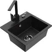 Mexen Milo 1-Becken-Granit-Spüle mit Mischbatterie Rita, Schwarz/Gold metallisch - 6505-75-670300-70-B