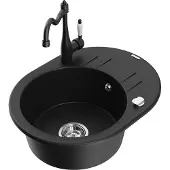 Mexen Kevin 1 Becken-Granitspüle mit Abtropffläche und Mischbatterie Carla, Schwarz - 6517-77-670700-70