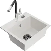 Mexen Milo 1-Becken-Granitspüle mit Mischbatterie Flora, Weiß - 6505-20-670401-07-B