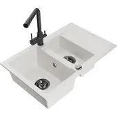 Mexen Gaspar 1,5-Becken-Granitspüle mit Abtropffläche und Mischbatterie Duero, Weiß - 6507-20-671600-70