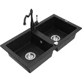 Mexen Mario 2-Becken-Granitspüle mit Mischbatterie Carla, Schwarz - 6504-77-670700-70