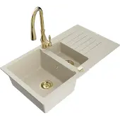 Mexen Matias 1,5-Becken-Granitspüle mit Abtropffläche und Mischbatterie Savita, Beige - 6502-69-672601-50