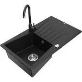 Mexen Cesar 1 Becken-Granitspüle mit Abtropffläche und Mischbatterie Telma, Schwarz - 6514-77-670200-70