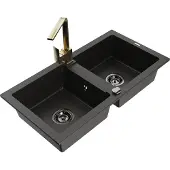 Mexen Mario 2-Becken-Granitspüle mit Mischbatterie Rita, Schwarz/Gold metallisch - 6504-75-670300-50-B