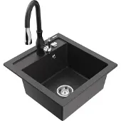 Mexen Vito 1-Becken-Granit-Spüle mit Mischbatterie Savita, Schwarz gesprenkelt - 6503-76-672601-70