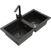 Mexen Mario 2-Becken-Granitspüle mit Mischbatterie Rita, Schwarz/Gold metallisch - 6504-75-670300-70-B