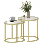 HOMCOM Couchtisch rund 2er Set Stapelbarer Beistelltisch mit Stahlrahmen Gold
