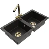 Mexen Mario 2-Becken-Granitspüle mit Mischbatterie Duero, Schwarz/Gold metallisch - 6504-75-671600-50