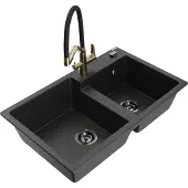 Mexen Tomas 2-Becken-Granitspüle mit Mischbatterie Duo, Schwarz/Silbermetallic - 6516-73-671701-57-B