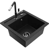 Mexen Vito 1-Becken-Granit-Spüle mit Mischbatterie Flora, Schwarz - 6503-77-670401-07-B