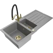 Mexen Andres 1,5-Becken-Granitspüle mit Abtropffläche und Mischbatterie Duo, Grau - 6515-71-671701-57-G