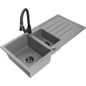 Mexen Andres 1,5-Becken-Granitspüle mit Abtropffläche und Mischbatterie Elia, Grau - 6515-71-670101-70-B