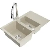 Mexen Gaspar 1,5-Becken-Granitspüle mit Abtropffläche und Mischbatterie Elia, Beige - 6507-69-670101-00