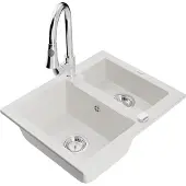 Mexen Carlos 1,5-Becken-Granitspüle mit Mischbatterie Elia, Weiß - 6518-20-670101-00
