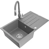 Mexen Bruno 1 Becken-Granitspüle mit Abtropffläche und Mischbatterie Savita, Grau - 6513-71-672601-71
