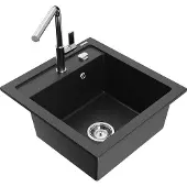 Mexen Vito 1-Becken-Granit-Spüle mit Mischbatterie Flora, Schwarz/Silbermetallic - 6503-73-670401-00