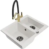 Mexen Carlos 1,5-Becken-Granitspüle mit Mischbatterie Duo, Weiß - 6518-20-671701-57-B
