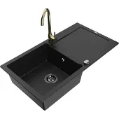 Mexen Leo 1 Becken-Granitspüle mit Abtropffläche und Mischbatterie Telma, Schwarz - 6501-77-670200-50-B