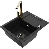 Mexen Enzo 1 Becken-Granitspüle mit Abtropffläche und Mischbatterie Rita, Schwarz - 6506-77-670300-50-B