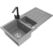 Mexen Andres 1,5-Becken-Granitspüle mit Abtropffläche und Mischbatterie Rita, Grau - 6515-71-670300-70