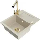 Mexen Enzo 1 Becken-Granitspüle mit Abtropffläche und Mischbatterie Duero, Beige - 6506-69-671600-50