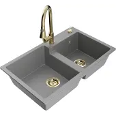 Mexen Tomas 2-Becken-Granitspüle mit Mischbatterie Elia, Grau - 6516-71-670101-50