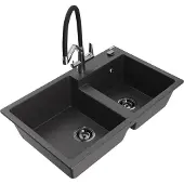 Mexen Tomas 2-Becken-Granitspüle mit Mischbatterie Duo, Schwarz gesprenkelt - 6516-76-671701-07-B