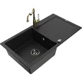 Mexen Leo 1 Becken-Granitspüle mit Abtropffläche und Mischbatterie Carla, Schwarz - 6501-77-670700-50-B