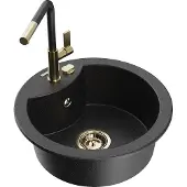 Mexen Diego 1-Becken-Granitspüle mit Mischbatterie Flora, Schwarz/Silbermetallic - 6512-73-670401-57-G