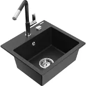 Mexen Milo 1-Becken-Granitspüle mit Mischbatterie Flora, Schwarz/Silbermetallic - 6505-73-670401-07