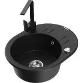 Mexen Kevin 1 Becken-Granitspüle mit Abtropffläche und Mischbatterie Rita, Schwarz - 6517-77-670300-70