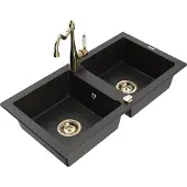 Mexen Mario 2-Becken-Granitspüle mit Mischbatterie Carla, Schwarz/Gold metallisch - 6504-75-670700-50